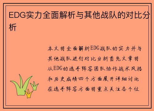 EDG实力全面解析与其他战队的对比分析